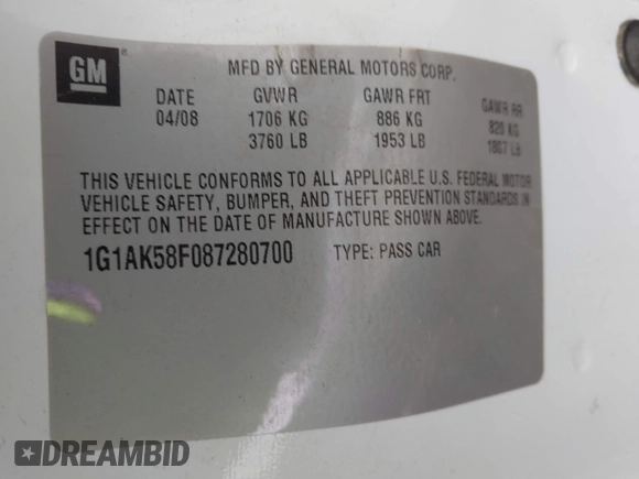 2008 Chevrolet Cobalt LS with VIN 1G1AK58F087280700, listed as a IAAI auction lot 42147594 with 265,792 mi miles and . Bid and sale history available at DreamBid. Image 9.