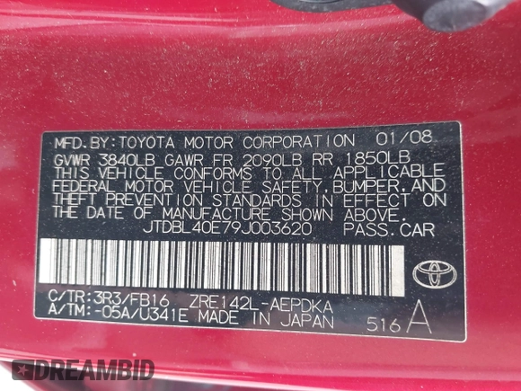 2009 Toyota Corolla with VIN JTDBL40E79J003620, listed as a IAAI auction lot 42178929 with 143,989 mi miles and . Bid and sale history available at carsss.com. Image 9.