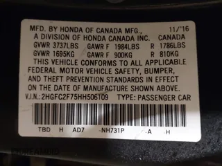 2017 Honda Civic Sedan EX with VIN 2HGFC2F75HH506109, listed as a IAAI auction lot 41502892 with 138,360 mi miles. Bid and sale history available at carsss.com. Image 9.