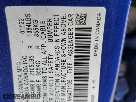 2022 Honda Civic Si with VIN 2HGFE1E51NH471195, listed as a Copart auction lot 53160375 with 26,032 mi miles and Salvage Title. Bid and sale history available at DreamBid. Image 12.