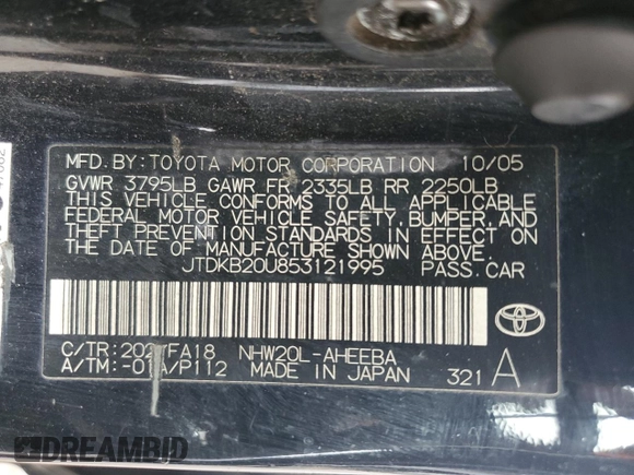 2005 Toyota Prius with VIN JTDKB20U853121995, listed as a Copart auction lot 50579205 with 262,721 mi miles and Clean Title. Bid and sale history available at carsss.com. Image 12.