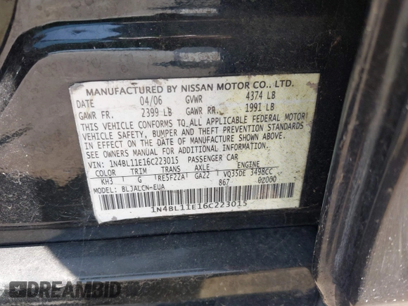 2006 Nissan Altima SL z VIN 1N4BL11E16C223015, wystawiony jako IAAI lot #42513512 z przebiegiem Nie podano mil oraz . Historia ofert i sprzedaży dostępna na DreamBid. Obrazek 9.