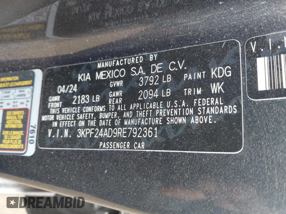 2024 Kia Forte LXS z VIN 3KPF24AD9RE792361, wystawiony jako IAAI lot #41863763 z przebiegiem 12 892 mil mil oraz . Historia ofert i sprzedaży dostępna na DreamBid. Obrazek 9.