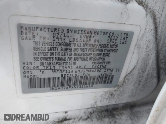 2016 Nissan Sentra S with VIN 3N1AB7APXGY311618, listed as a IAAI auction lot 41556634 with 106,077 mi miles and . Bid and sale history available at DreamBid. Image 9.