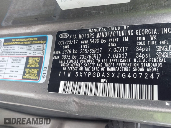 2018 Kia Sorento LX with VIN 5XYPGDA3XJG407247, listed as a IAAI auction lot 41639631 with 127,327 mi miles. Bid and sale history available at carsss.com. Image 9.