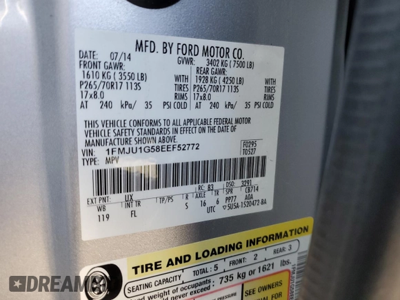 2014 Ford Expedition XL with VIN 1FMJU1G58EEF52772, listed as a Copart auction lot 82862734 with 61,998 mi miles and Salvage title. Bid and sale history available at DreamBid. Image 13.