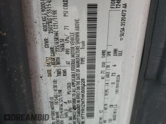2017 Ford Transit with VIN 1FTYR1ZM7HKB00228, listed as a Copart auction lot 53419004 with Not Provided miles and Salvage Title. Bid and sale history available at DreamBid. Image 14.