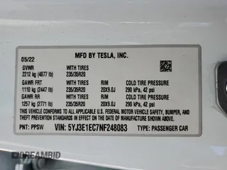 2022 Tesla Model 3 Performance with VIN 5YJ3E1EC7NF248083, listed as a Copart auction lot 51536925 with 50,529 mi miles and Salvage Title. Bid and sale history available at DreamBid. Image 12.