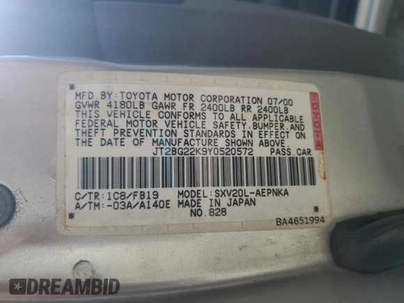 2000 Toyota Camry CE with VIN JT2BG22K9Y0520572, listed as a Copart auction lot 51062815 with 130,878 mi miles and Salvage Title. Bid and sale history available at DreamBid. Image 12.