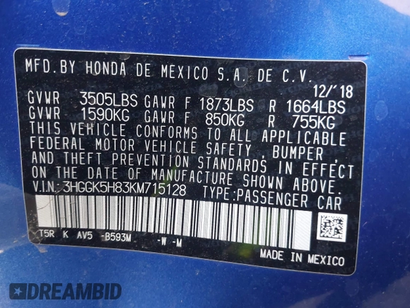 2019 Honda Fit EX with VIN 3HGGK5H83KM715128, listed as a IAAI auction lot 42714559 with 55,855 mi miles and . Bid and sale history available at DreamBid. Image 9.