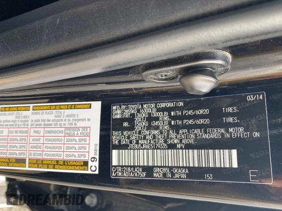 2014 Toyota 4Runner Limited z VIN JTEBU5JR6E5179335, wystawiony jako Copart lot #59226255 z przebiegiem 165 172 mil mil oraz Szkoda całkowita • Salvage title. Historia ofert i sprzedaży dostępna na DreamBid. Obrazek 10.