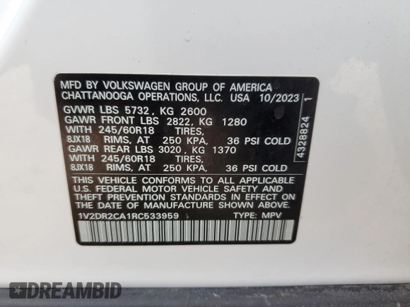 2024 Volkswagen Atlas SE with VIN 1V2DR2CA1RC533959, listed as a Copart auction lot 86839684 with 5,733 mi miles and Salvage title. Bid and sale history available at DreamBid. Image 13.