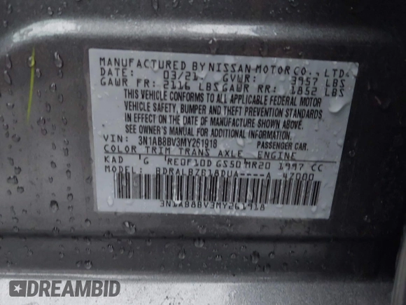 2021 Nissan Sentra S with VIN 3N1AB8BV3MY261918, listed as a IAAI auction lot 41732630 with 29,163 mi miles and . Bid and sale history available at DreamBid. Image 9.