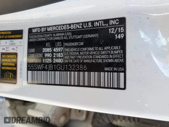 2016 Mercedes-Benz C 300 with VIN 55SWF4JB1GU132386, listed as a Copart auction lot 56716635 with 121,186 mi miles and Salvage title. Bid and sale history available at DreamBid. Image 13.