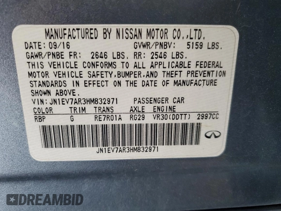 2017 Infiniti Q50 Premium with VIN JN1EV7AR3HM832971, listed as a Copart auction lot 52859155 with 160,070 mi miles and Salvage Title. Bid and sale history available at DreamBid. Image 12.