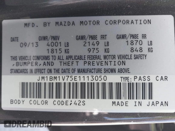 2014 Mazda 3 i Touring z VIN JM1BM1V75E1113050, wystawiony jako IAAI lot #42374782 z przebiegiem 94 571 mil mil oraz . Historia ofert i sprzedaży dostępna na DreamBid. Obrazek 9.