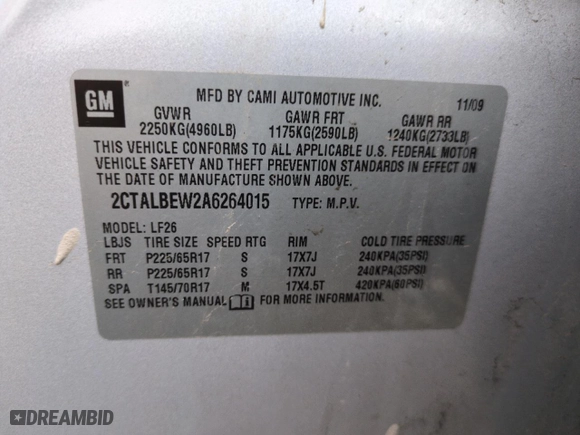 2010 GMC Terrain SLE-1 with VIN 2CTALBEW2A6264015, listed as a Copart auction lot 87433414 with 0 mi miles and Non Repairable. Bid and sale history available at carsss.com. Image 12.
