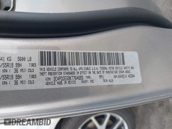 2019 Dodge Journey GT with VIN 3C4PDDEG9KT764693, listed as a IAAI auction lot 41780375 with 119,186 mi miles and . Bid and sale history available at carsss.com. Image 9.