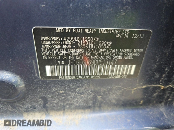 2011 Subaru Impreza Premium with VIN JF1GE6B69BH513147, listed as a Copart auction lot 52942885 with 156,500 mi miles and Clean title. Bid and sale history available at DreamBid. Image 10.