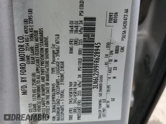 2015 Lincoln MKZ with VIN 3LN6L2J99FR628945, listed as a Copart auction lot 50573555 with 139,644 mi miles and Salvage title. Bid and sale history available at DreamBid. Image 12.