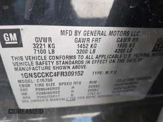 2015 Chevrolet Tahoe LTZ with VIN 1GNSCCKC4FR309152, listed as a IAAI auction lot 42029341 with 187,313 mi miles and . Bid and sale history available at DreamBid. Image 9.