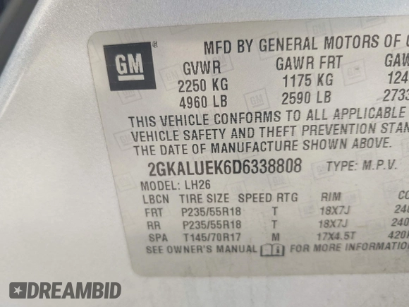 2013 GMC Terrain SLT with VIN 2GKALUEK6D6338808, listed as a IAAI auction lot 42039903 with 263,733 mi miles and . Bid and sale history available at DreamBid. Image 9.