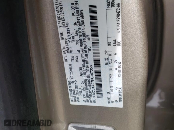 2015 Lincoln MKC z VIN 5LMCJ1A97FUJ07358, wystawiony jako Copart lot #54928855 z przebiegiem 85 844 mil mil oraz Szkody całkowita. Historia ofert i sprzedaży dostępna na DreamBid. Obrazek 12.