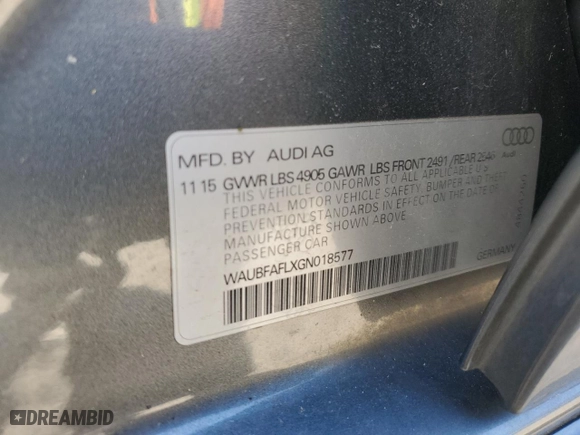 2016 Audi A4 Premium with VIN WAUBFAFLXGN018577, listed as a Copart auction lot 49709055 with 99,834 mi miles and Salvage Title. Bid and sale history available at carsss.com. Image 12.