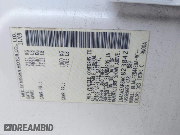 2010 Nissan Maxima SV with VIN 1N4AA5AP8AC823842, listed as a IAAI auction lot 42590129 with 71,995 mi miles and . Bid and sale history available at DreamBid. Image 9.