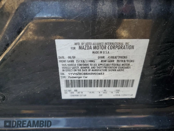 2010 Mazda 6 S Grand Touring with VIN 1YVHZ8CB8A5M03453, listed as a Copart auction lot 51230855 with 257,112 mi miles and Salvage Title. Bid and sale history available at DreamBid. Image 12.