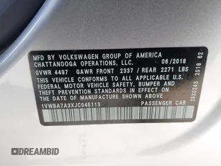 2018 Volkswagen Passat 2.0T SE with VIN 1VWBA7A3XJC045113, listed as a IAAI auction lot 41814006 with 59,095 mi miles. Bid and sale history available at carsss.com. Image 9.