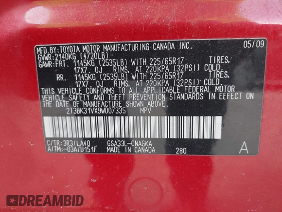 2009 Toyota RAV4 Ltd with VIN 2T3BK31VX9W007335, listed as a IAAI auction lot 41699993 with 183,658 mi miles. Bid and sale history available at carsss.com. Image 9.