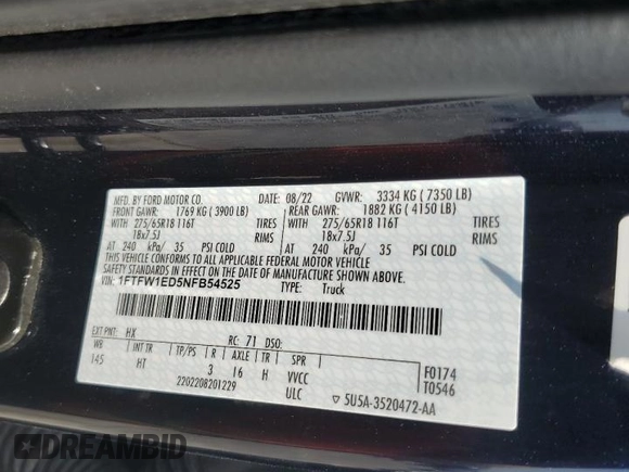 2022 Ford F-150 XL with VIN 1FTFW1ED5NFB54525, listed as a Copart auction lot 60115115 with 42,177 mi miles and Salvage title. Bid and sale history available at DreamBid. Image 12.