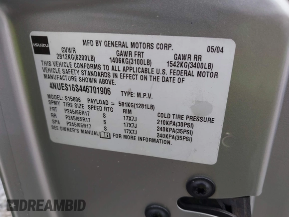 2004 Isuzu Ascender S с VIN 4NUES16S446701906, выставлен на аукционе IAAI как лот 41905135 с пробегом 143 088 миль миль и . История ставок и продаж доступна на DreamBid. Изображение 9.