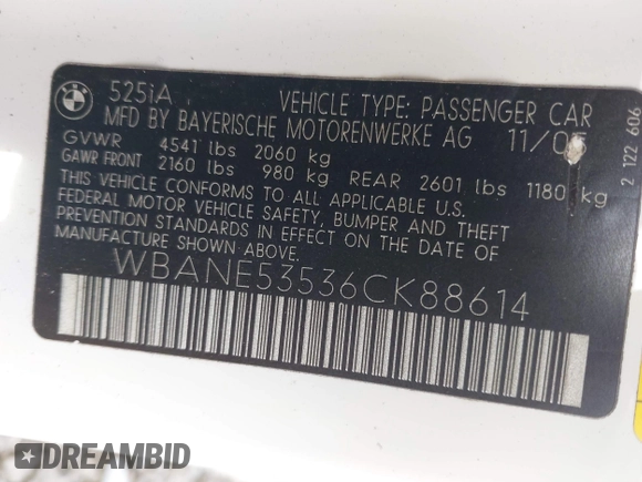 2006 BMW 5 Series 525i with VIN WBANE53536CK88614, listed as a IAAI auction lot 42450032 with 230,247 mi miles and . Bid and sale history available at DreamBid. Image 9.