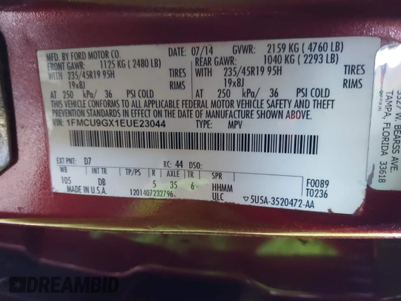 2014 Ford Escape SE with VIN 1FMCU9GX1EUE23044, listed as a IAAI auction lot 41597818 with 165,348 mi miles. Bid and sale history available at carsss.com. Image 9.