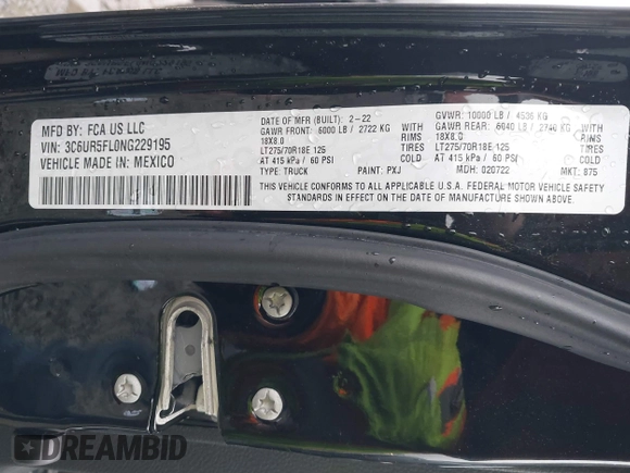 2022 Ram 2500 Laramie with VIN 3C6UR5FL0NG229195, listed as a IAAI auction lot 41254932 with 8,368 mi miles and . Bid and sale history available at DreamBid. Image 9.