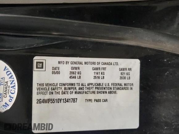 2000 Buick Regal GS with VIN 2G4WF5510Y1341787, listed as a Copart auction lot 88110115 with 254,761 mi miles and Salvage Title. Bid and sale history available at carsss.com. Image 12.