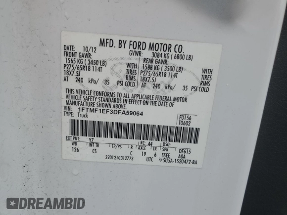 2013 Ford F-150 XL with VIN 1FTMF1EF3DFA59064, listed as a Copart auction lot 82676274 with 144,003 mi miles and Salvage Title. Bid and sale history available at DreamBid. Image 14.