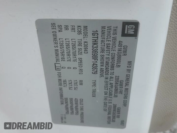 2008 GMC Sierra 3500HD SRW SLT z VIN 1GTHK33698F143679, wystawiony jako Copart lot #50170115 z przebiegiem 417 088 mil mil oraz Czysty tytuł • Clean title. Historia ofert i sprzedaży dostępna na DreamBid. Obrazek 12.