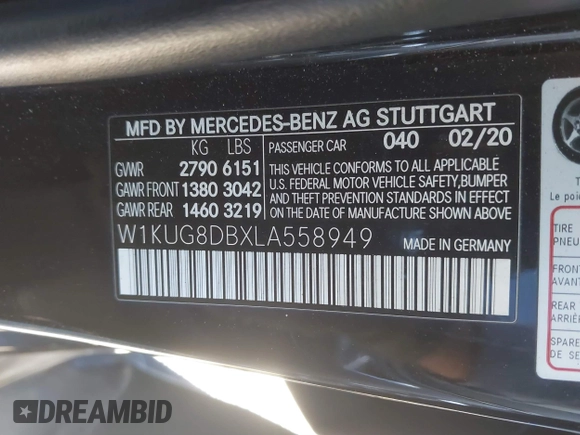 2020 Mercedes-Benz S-Class S 560 with VIN W1KUG8DBXLA558949, listed as a IAAI auction lot 41384879 with 51,527 mi miles. Bid and sale history available at carsss.com. Image 9.