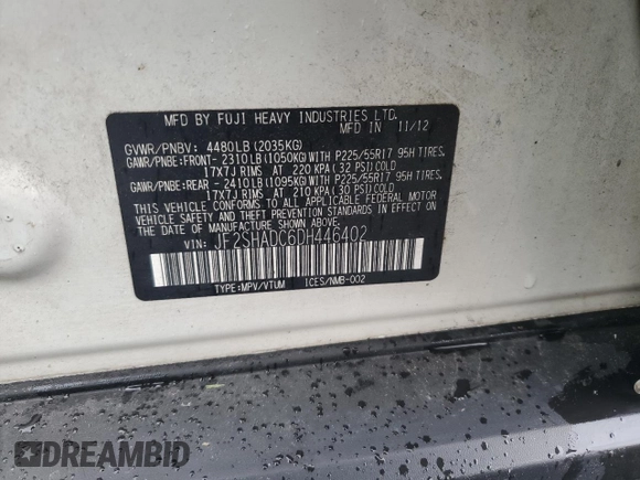 2013 Subaru Forester X Premium with VIN JF2SHADC6DH446402, listed as a Copart auction lot 57482015 with 158,292 mi miles and Salvage title. Bid and sale history available at DreamBid. Image 13.