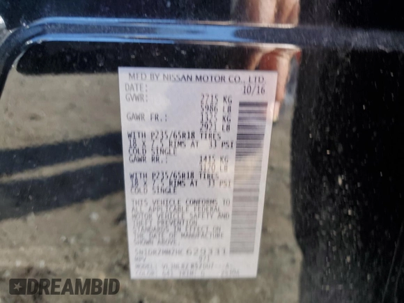 2017 Nissan Pathfinder SL with VIN 5N1DR2MM2HC629331, listed as a Copart auction lot 54307485 with 155,383 mi miles and Salvage Title. Bid and sale history available at DreamBid. Image 13.
