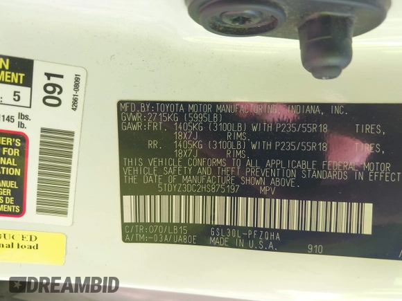 2017 Toyota Sienna XLE Auto Access Seat with VIN 5TDYZ3DC2HS875197, listed as a IAAI auction lot 42244211 with 125,681 mi miles and . Bid and sale history available at DreamBid. Image 9.