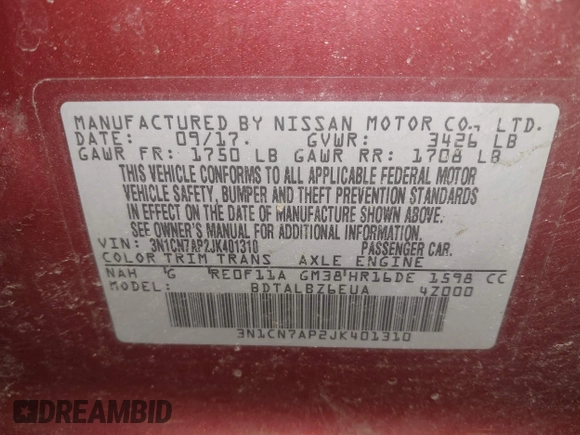 2018 Nissan Versa SV with VIN 3N1CN7AP2JK401310, listed as a IAAI auction lot 41664854 with 94,052 mi miles. Bid and sale history available at carsss.com. Image 9.