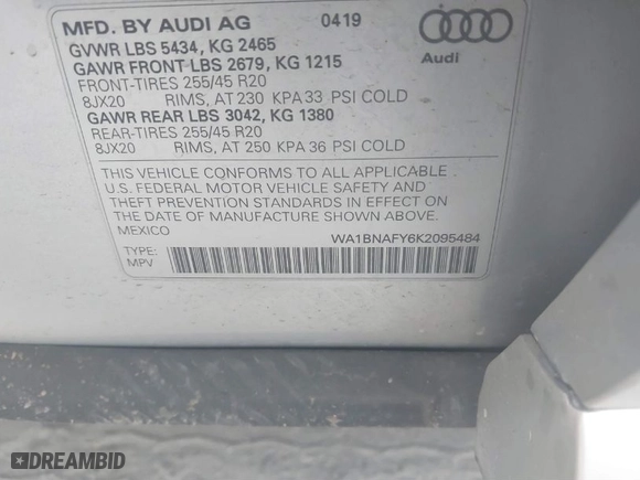 2019 Audi Q5 Premium Plus with VIN WA1BNAFY6K2095484, listed as a IAAI auction lot 40889208 with 1 mi miles. Bid and sale history available at carsss.com. Image 9.