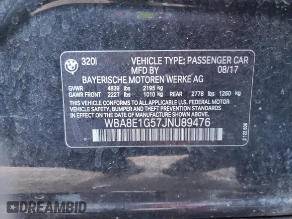 2018 BMW 3 Series 320i with VIN WBA8E1G57JNU89476, listed as a Copart auction lot 41560235 with Not Provided miles and Salvage Title. Bid and sale history available at carsss.com. Image 12.