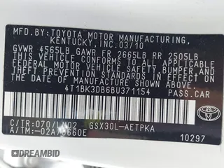 2011 Toyota Avalon with VIN 4T1BK3DB6BU371154, listed as a IAAI auction lot 41722144 with 204,575 mi miles and . Bid and sale history available at DreamBid. Image 9.