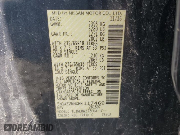 2017 Nissan Murano SL with VIN 5N1AZ2MHXHN117469, listed as a Copart auction lot 45397545 with 123,792 mi miles and Salvage title. Bid and sale history available at DreamBid. Image 15.