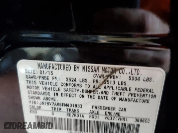2015 Infiniti Q50 Premium with VIN JN1BV7AR6FM401833, listed as a Copart auction lot 62231955 with Not provided miles and Salvage title. Bid and sale history available at DreamBid. Image 13.